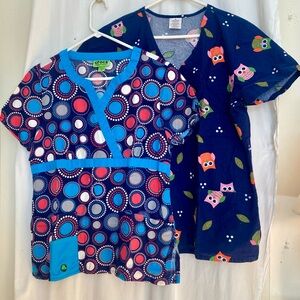 Nurses Fun Print Scrubs Set of 2 Owls and Fun Circles Both Cotton & Size M